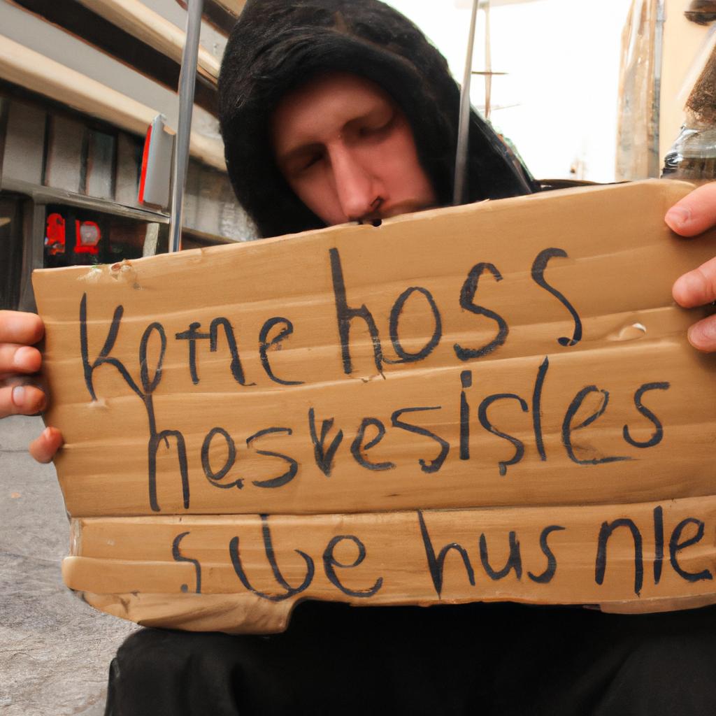 Homeless person holding cardboard sign