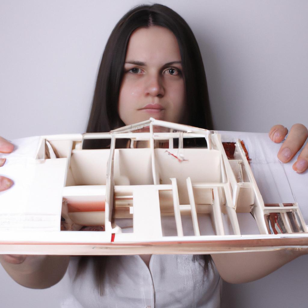 Woman holding house model blueprint